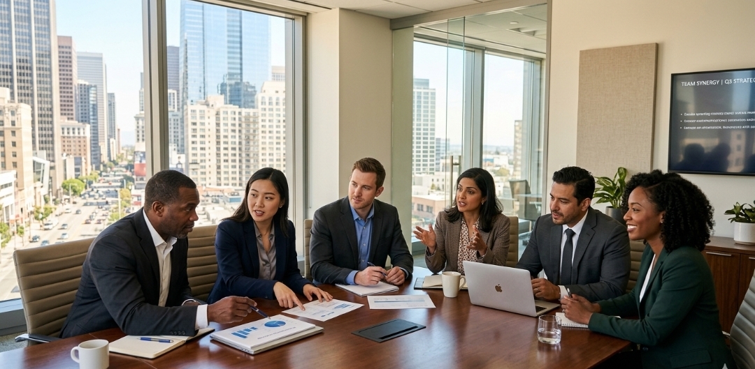 PT Delta Media Metatama professional team meeting — diverse international business professionals in a modern high-rise boardroom with city views